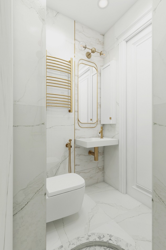 Проект квартиры в ЖК Донской Олимп ванной комнаты в современной классике в белом цвете